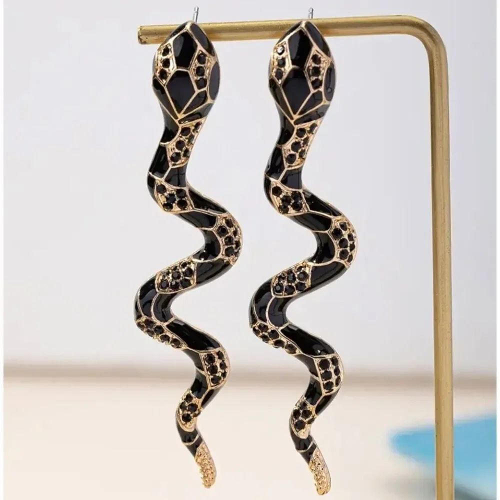 18K Gold Plated Black & Gold Snake Earrings